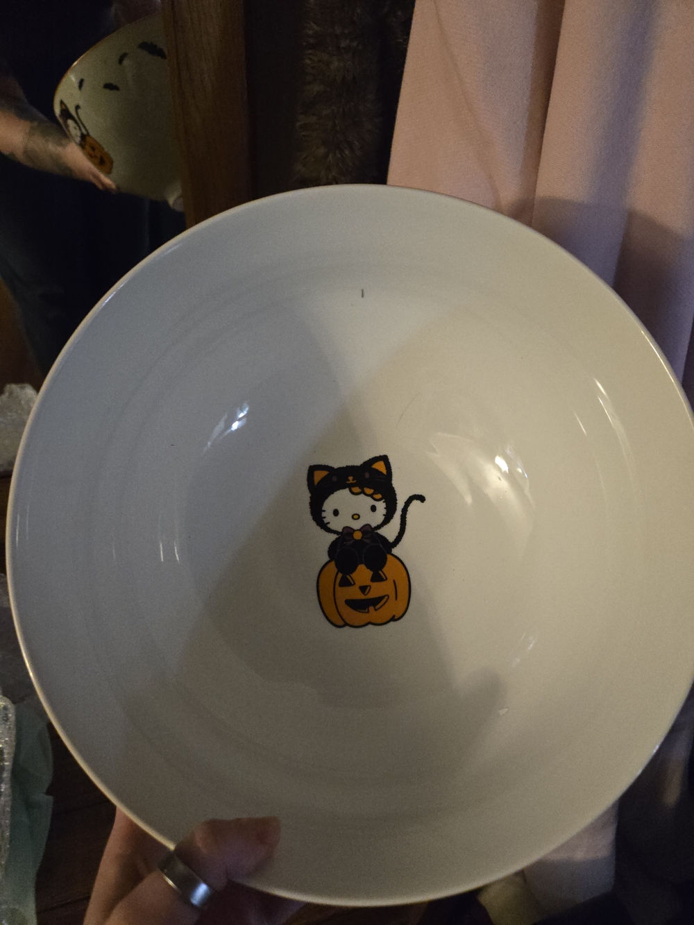 Hello Kitty White Ceramic 11 Inch Salad B9wl with Orange Pumpkin Accent